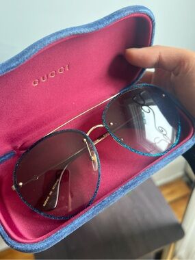 Gucci Women’s Teal Glitter Rim Gold Frame Sunglasses